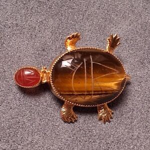 Vintage Turtle Scarab Brooch Carnelian Tigers Eye